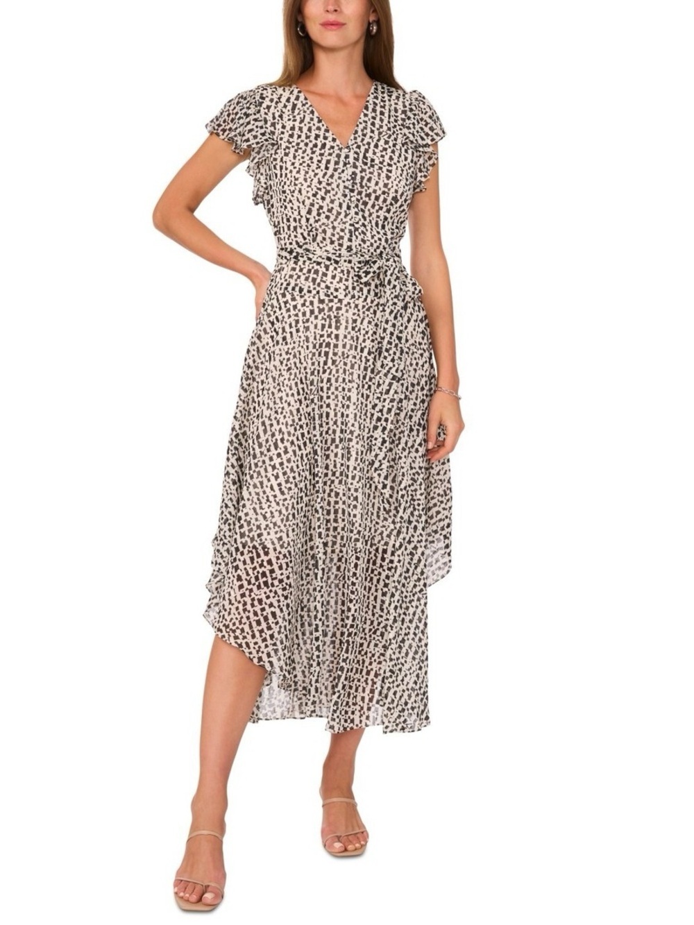 Vince Camuto Printed Asymmetrical-Hem Flutter Sleeve Midi Dress Size S